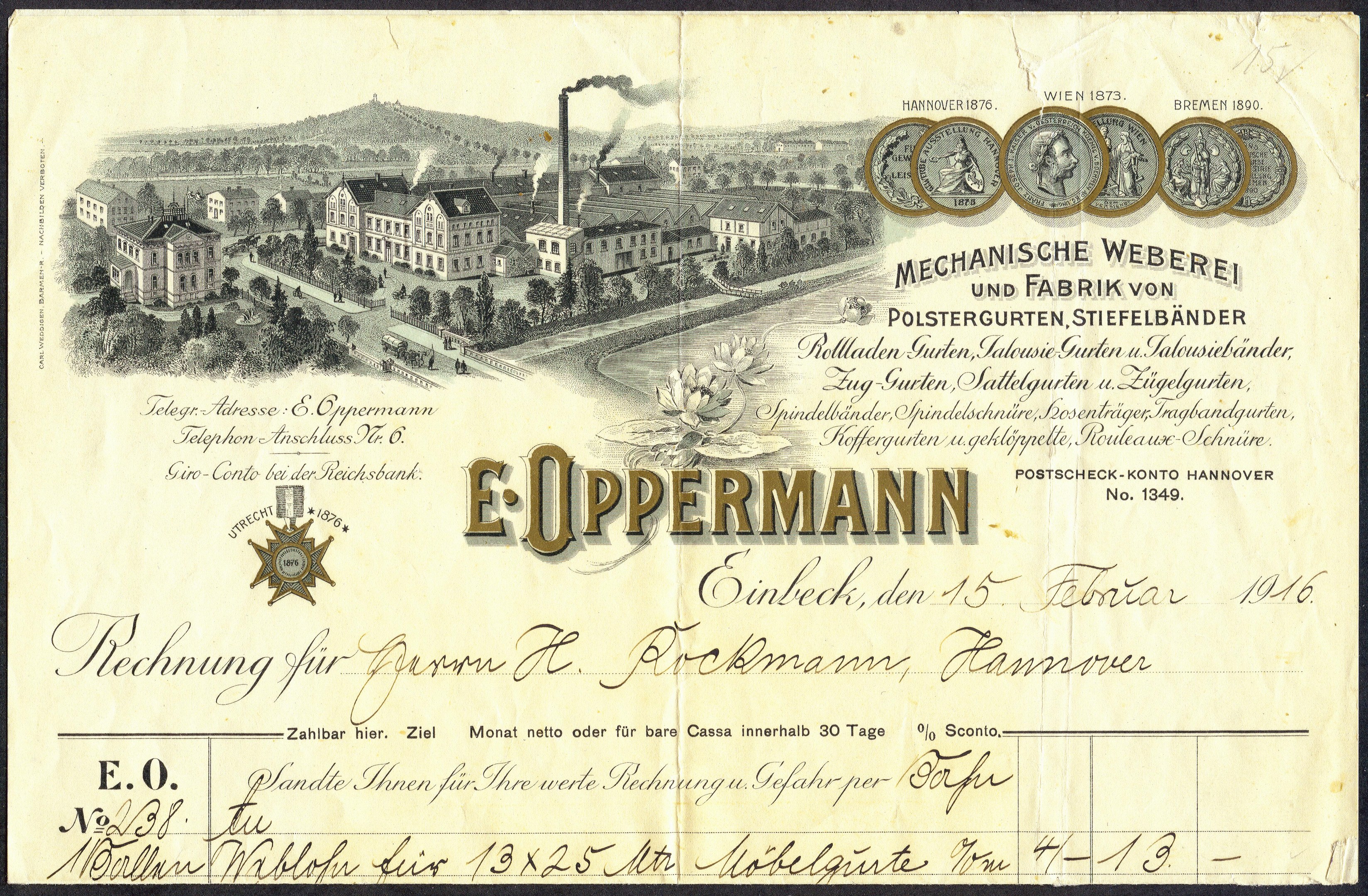 Alte deutsche Banknote mit einer Illustration einer Fabrik und Text, Zahlen und Bilder von Gebäuden, Bäumen und Rauch.