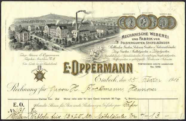 Alte deutsche Banknote mit einer Illustration einer Fabrik und Text, Zahlen und Bilder von Gebäuden, Bäumen und Rauch.