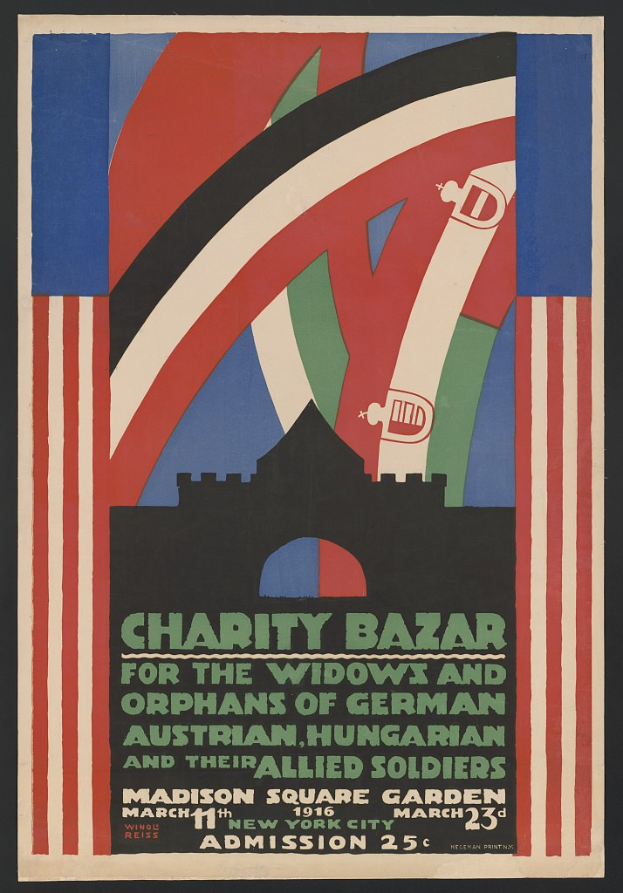 Ein Plakat für einen Wohltätigkeitsbasar, der die Witwen und Waisen deutscher, australischer, ungarischer und alliierter Soldaten unterstützt, mit Text, der die Veranstaltung beschreibt.