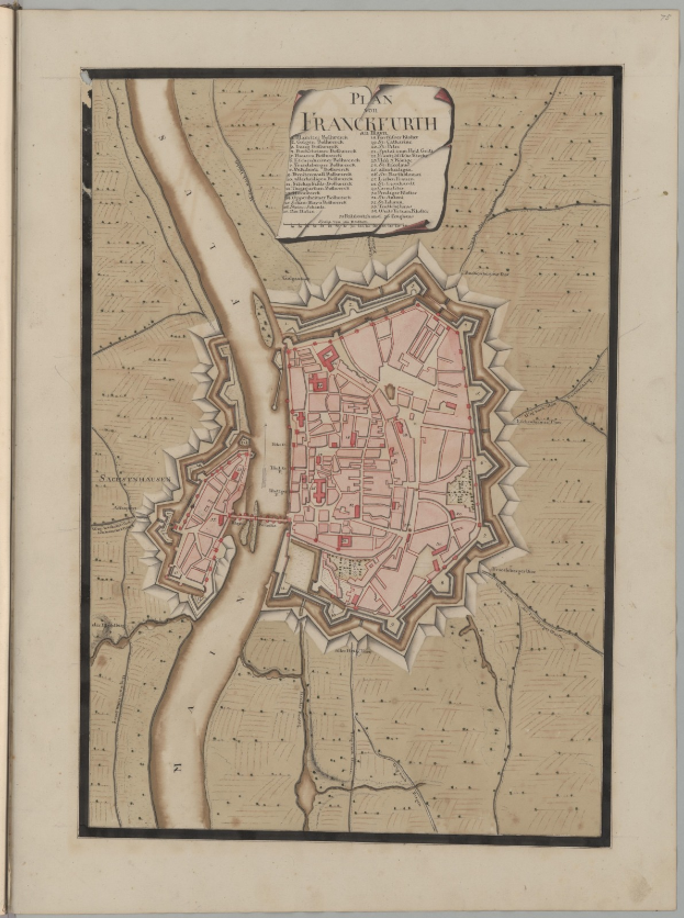 Ein altes Buch mit einer detaillierten Karte von Frankfurt, Deutschland, mit Straßen, Gebäuden und Sehenswürdigkeiten, begleitet von beschreibendem Text.
