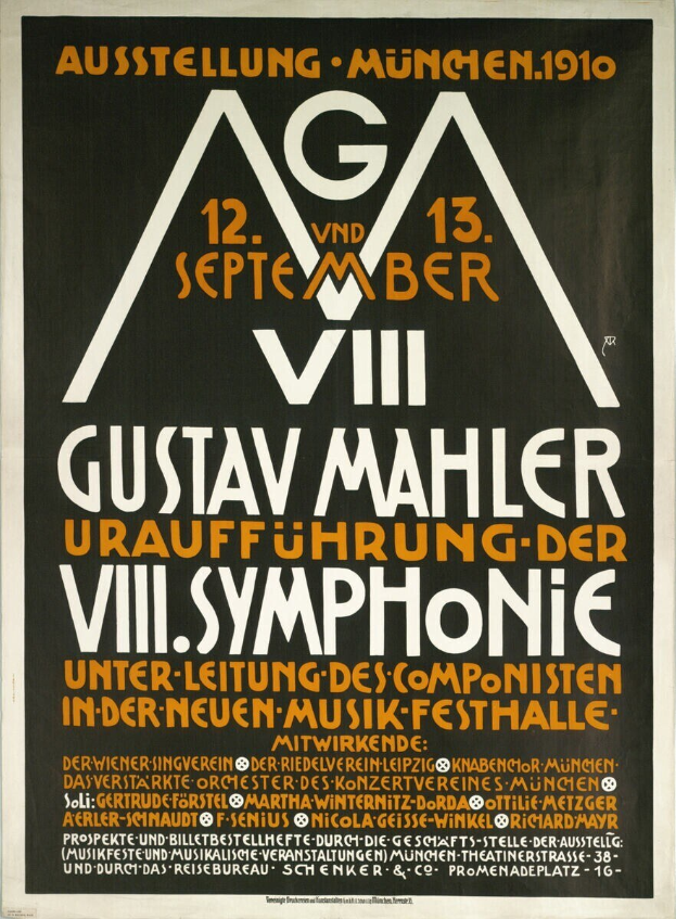 Ein Plakat für das sinfonische Konzert von Gustav Mahler in München, Deutschland, mit darauf geschriebenem Text, das in der Mitte des Bildes platziert ist.