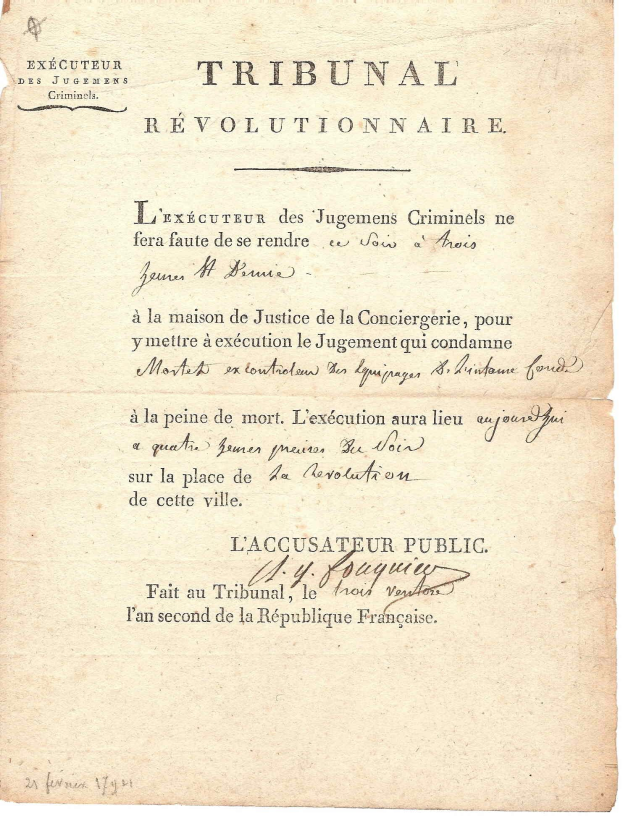 Gelbes historisches Dokument mit der Überschrift 'Tribunal Révolutionnaire', das Urteile über Hinrichtungen in Frankreich enthält, geschrieben in einer Kursivschrift.