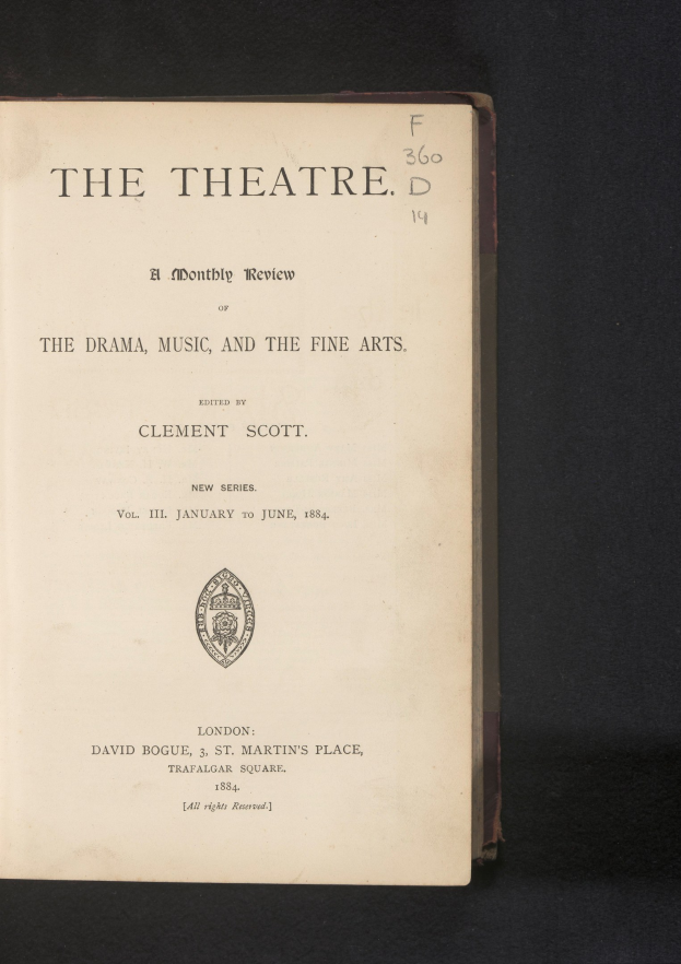 Ein offenes Buch mit dem Titel 'The Theatre: A Monthly Review of the Drama, Music, and the Fine Arts', das eine Seite mit Text und einem Logo zeigt.