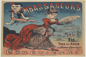 Ein Plakat, das ein Konzert in Paris ankündigt, zeigt eine Frau in einem roten Kleid und einen Mann in einem schwarzen Anzug, die vor einem Gebäude stehen, mit Text, der das Ereignis beschreibt.