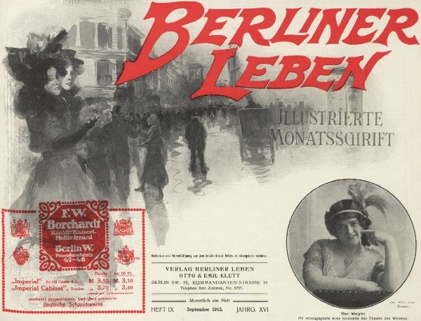 Werbeposter für den Berliner Leben-Film mit einer Frau mit Hut und einem Mann im Anzug, Text, Stempel, einigen Menschen und einem Gebäude im Hintergrund.