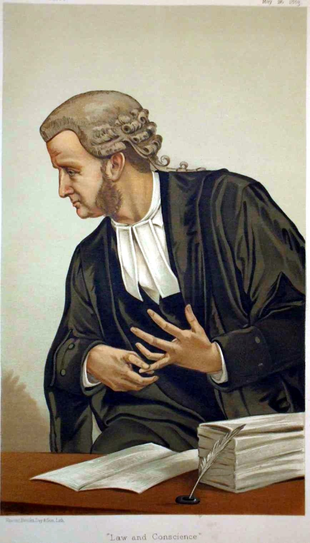 Ein Mann in einer schwarzen Robe sitzt an einem Tisch mit Büchern und einer Gänsefeder, mit dem Text "Gesetz und Gewissen der Vereinigten Staaten" unten.