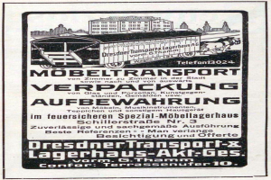 Eine Anzeige mit einem Zug, Gebäuden im Hintergrund und dem Text "Dresdner Transport & Lagerhaus-Akt-Ges."
