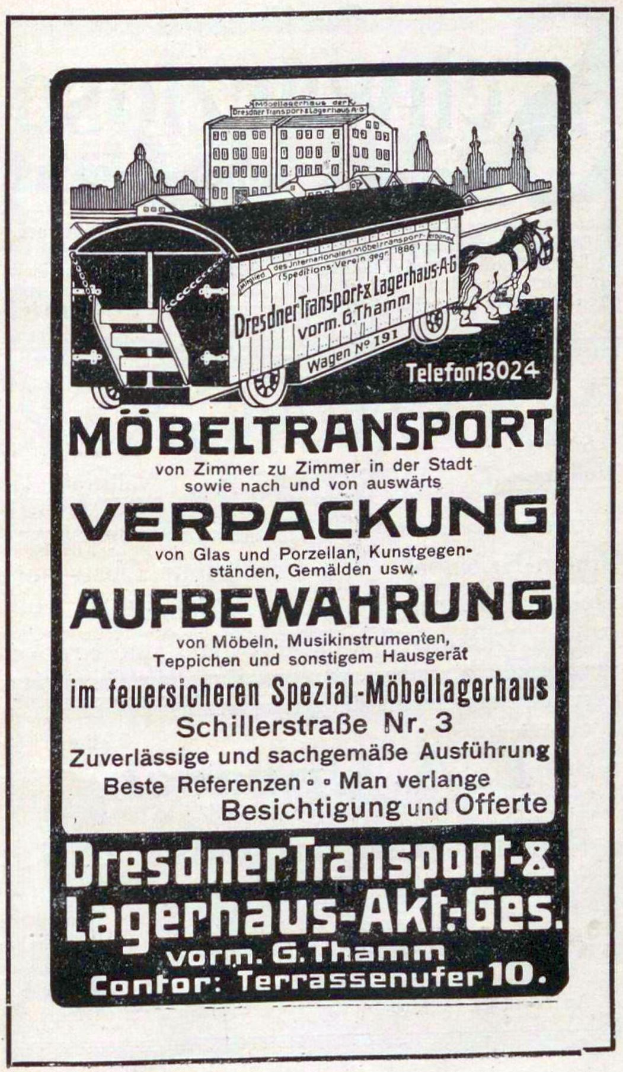 Eine Anzeige mit einem Zug, Gebäuden im Hintergrund und dem Text "Dresdner Transport & Lagerhaus-Akt-Ges."