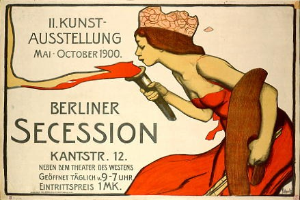 Plakat von 1900 Berliner Secession mit einer Frau in rotem Kleid, die ein Objekt hält, mit Text zu den Veranstaltungsdetails.