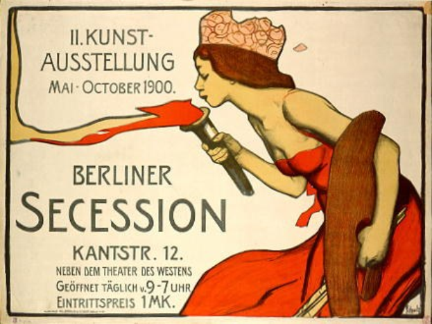 Plakat von 1900 Berliner Secession mit einer Frau in rotem Kleid, die ein Objekt hält, mit Text zu den Veranstaltungsdetails.