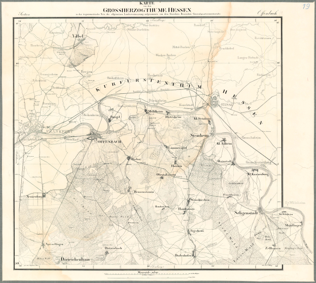 Ein altes Stadtplan von Hessen, Deutschland, mit schwarzen Rändern und Text, in einem Foto Rahmen.