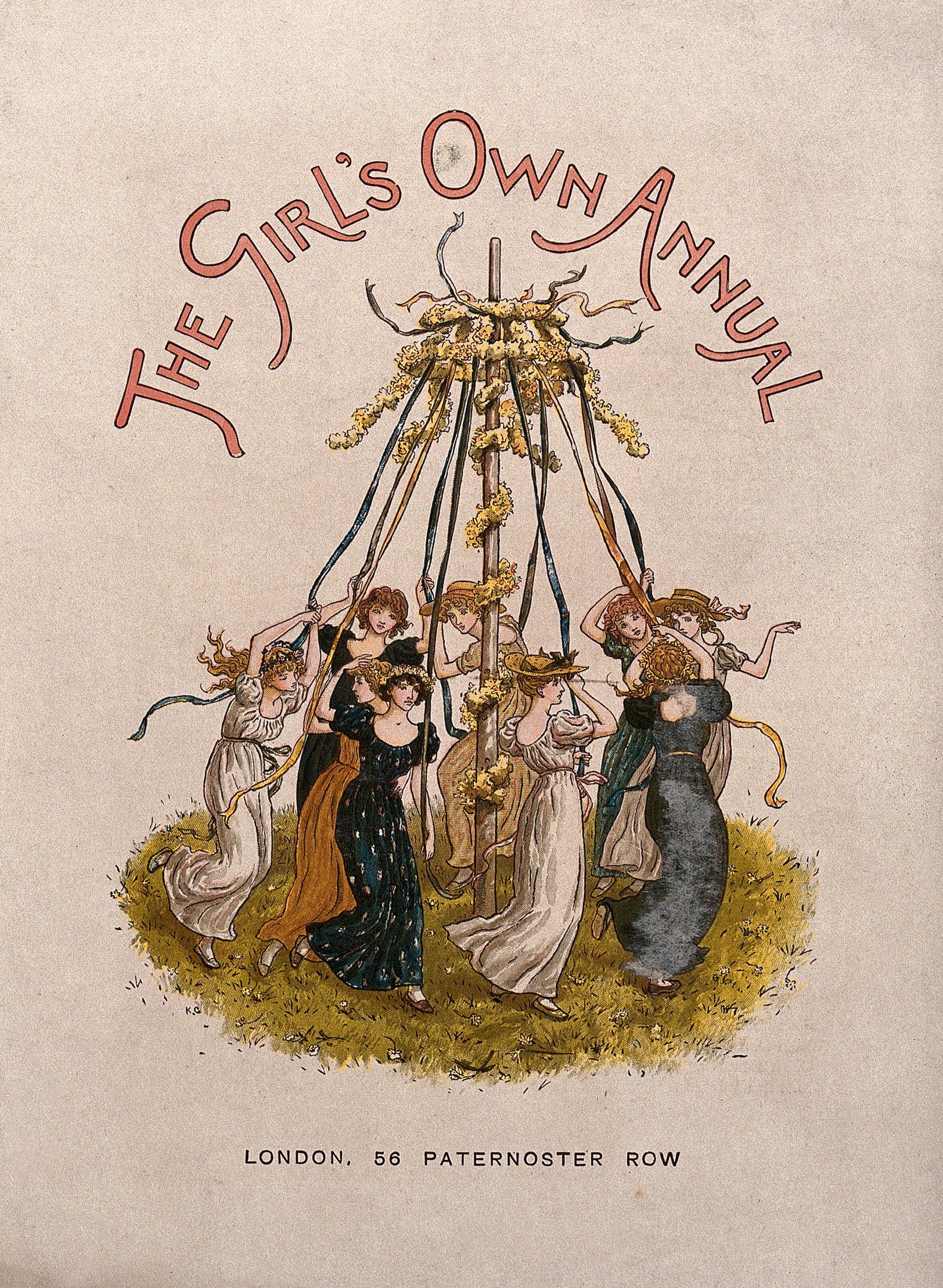 Eine Schwarz-Weiß-Illustration aus "The Girl's Own Annual", die eine Gruppe von Menschen in bunten Kleidern zeigt, die um einen geschmückten Maibaum tanzen.