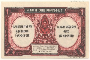 Alte französische Banknote mit ernstem Mann im Anzug, Text 'A qui le crime profite-il?' auf weißem Hintergrund mit schwarzem Rand.