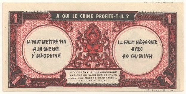 Alte französische Banknote mit ernstem Mann im Anzug, Text 'A qui le crime profite-il?' auf weißem Hintergrund mit schwarzem Rand.