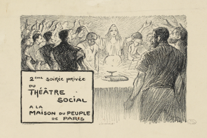 Eine Schwarz-Weiß-Zeichnung einer vielseitigen Gruppe von Menschen, die vor einem Schild mit der Aufschrift "Theater Sozial" stehen und erwartungsvoll darauf schauen.