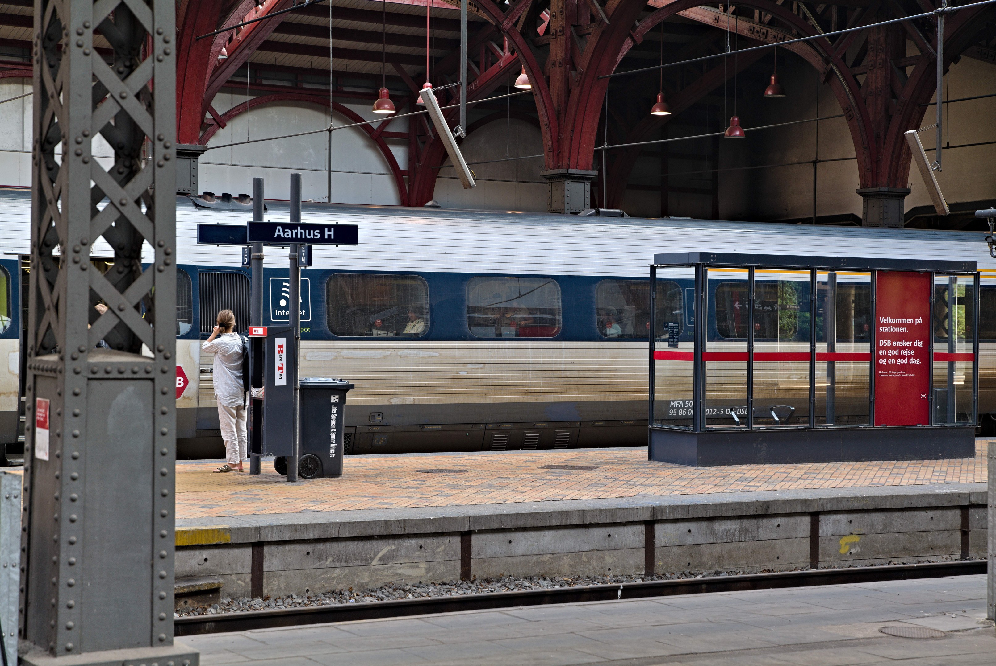 Ein Zug fährt auf einem Bahnsteig vor, auf dem eine Person steht, mit einem Müllcontainer, Pfosten, Informationsanzeigen und Deckenleuchten im Hintergrund.