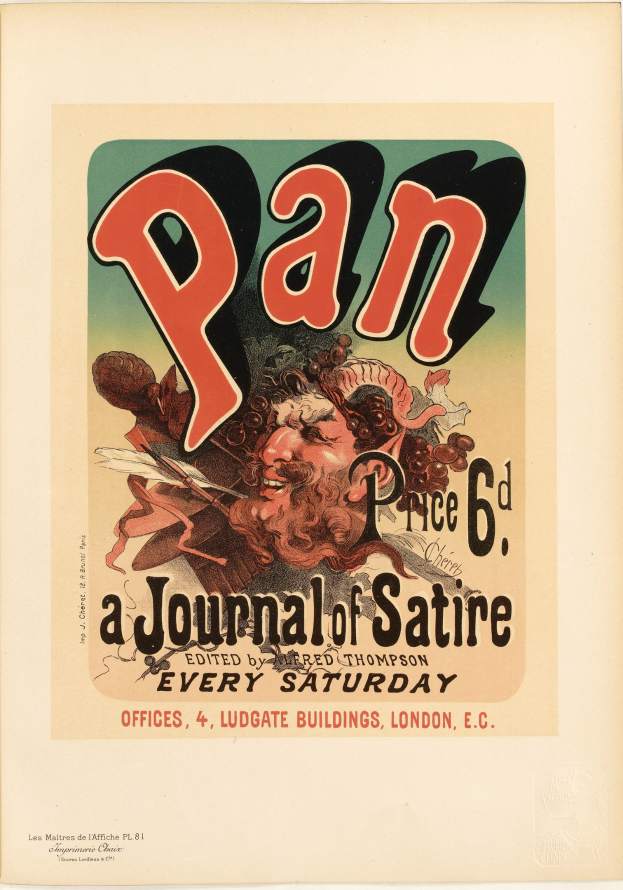 Ein Plakat mit einer Person mit kurzen, dunklen Haaren, die ein weißes Hemd und einen ernsten Gesichtsausdruck trägt, mit der Inschrift "Pan: Eine Satirezeitschrift" in fetter, schwarzer Schrift in der Mitte des Plakats.