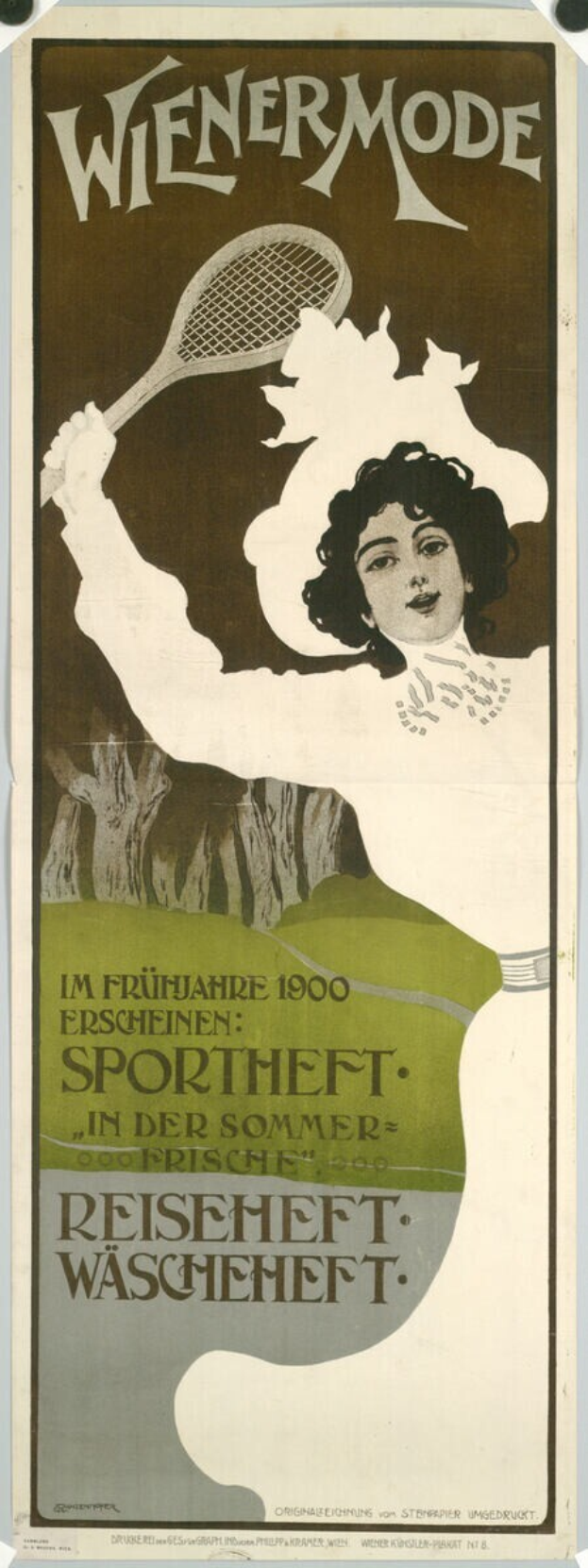 Ein Plakat aus den 1920er Jahren, das ein Tennisturnier ankündigt und eine Frau mit einem Schläger zeigt.