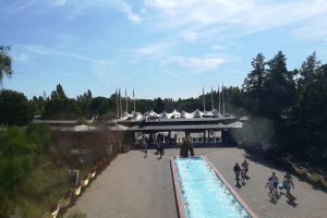 Eine Gruppe von Menschen, die um ein Schwimmbecken in einem Park herumgehen, mit Bäumen auf beiden Seiten, Zelten, Masten, einem Gebäude und einem Müllcontainer im Vordergrund.