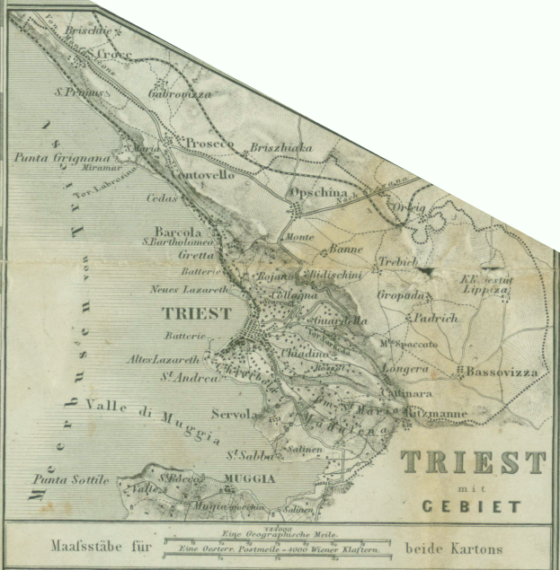 Ein detaillierter alter Stadtplan der Triest-Region in Deutschland, der geografische Merkmale wie Flüsse, Berge und Städte zeigt, mit begleitendem Text, der zusätzliche Informationen bietet.