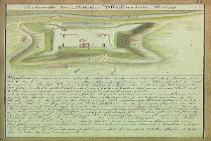 Eine alte Karte von Stuttgart, Deutschland, mit einem Schloss in der Mitte und beschreibendem Text über die Größe, Lage und Merkmale des Schlosses.