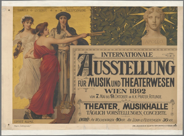 Plakat für die Internationale Ausstellung für Musik und Theaterwesen in Wien, das eine Gruppe von Menschen in einem Kreis mit einer Frau, die ein Musikinstrument hält, und Text mit Veranstaltungseinzelheiten zeigt.