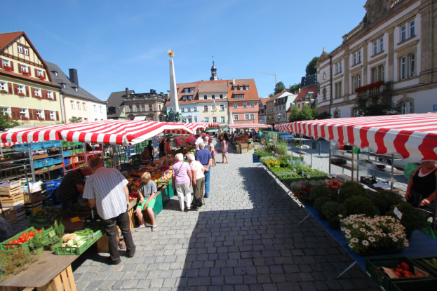 Ein belebter Markt im historischen Stadtkern von Heidelberg, Deutschland, mit Menschen, die spazieren gehen, auf Bänken sitzen und in der Nähe von Zelten stehen, umgeben von Gemüsekörben auf Tischen, Gebäuden mit Fenstern, Bäumen und einem klaren blauen Himmel.
