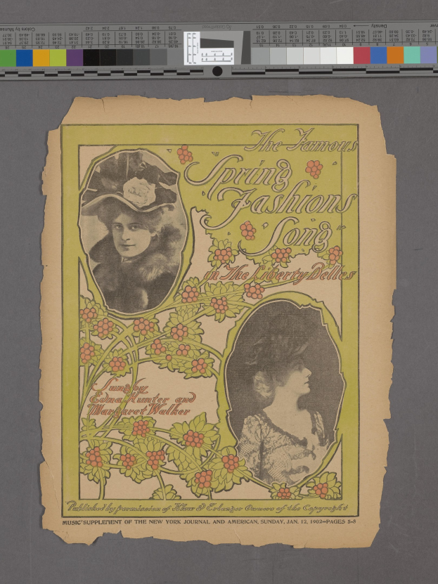 Papier mit zwei Frauenporträts, Text 'Die berühmten Frühlingsmode-Lieder' und Farbskalen oben.