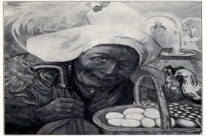 Alte Frau mit einem Korb voller Eier umgeben von Hennen, mit Text unten.