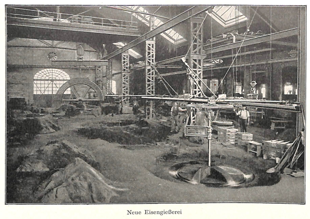 Schwarzes und weißes Foto eines Fabrikinneren mit Arbeitern, die Maschinen bedienen, Metallstangen und -rohre, beschriftet mit "Neue Eisengießerei, die erste Fabrik Deutschlands" unten.