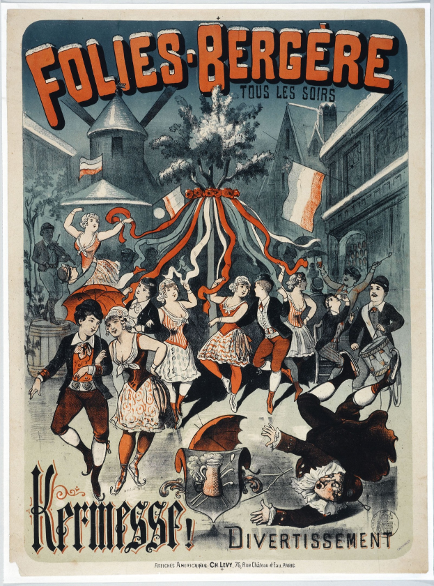 Plakat für das Folies Bergère-Festival in Paris, das Tänzer im Vordergrund mit Gebäuden, Bäumen und Fahnen im Hintergrund zeigt.