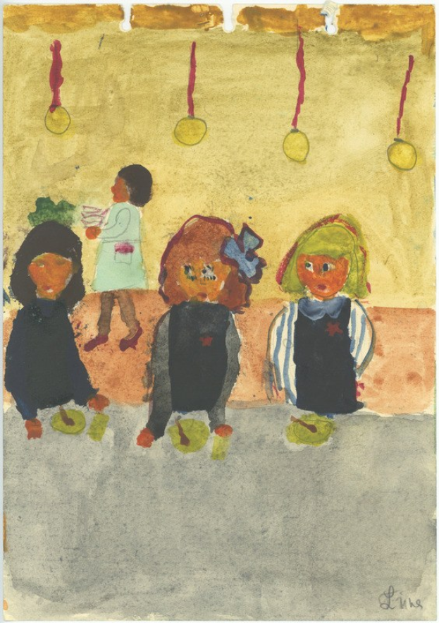 Gemälde von drei Kindern in festlicher Kleidung, die auf einer Bank sitzend vor einer Wand mit Weihnachtsornamenten, Orchideen und anderen Festdekorationen lächeln.