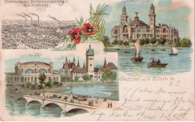 Eine alte Ansichtskarte, die eine Stadtlandschaft mit Gebäuden, Bäumen, Wasser, Booten, Menschen, einer Brücke und Blumen zeigt, sowie einigen handgeschriebenen Text.