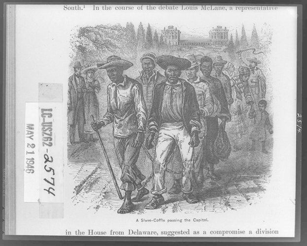 Schwarz-weiß-Zeichnung von Menschen, die eine Straße entlanggehen, einige tragen Hüte und halten Stöcke, mit Bäumen und einem Gebäude im Hintergrund und Text unten, der "Südlich im Verlauf der Debatte Louis McLane, ein Vertreter im Haus aus Delaware, schlug als Kompromiss eine Teilung vor" lautet.