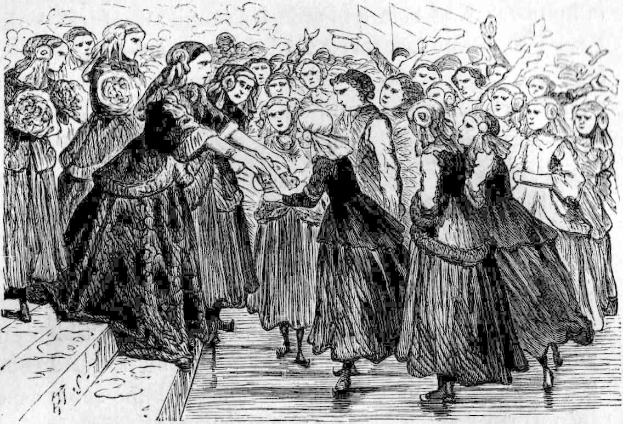 Schwarzes und weißes Zeichnung von Frauen, die vor einem Publikum tanzen, mit einer Treppe auf der linken Seite, Text unten lautet "Victorian Women's Day".