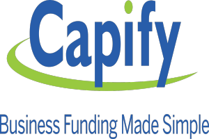 Der Text "capify business funding made simple" in fetter schwarzer Schrift auf einem weißen Hintergrund, zentriert und von einem schmalen schwarzen Rand umgeben.