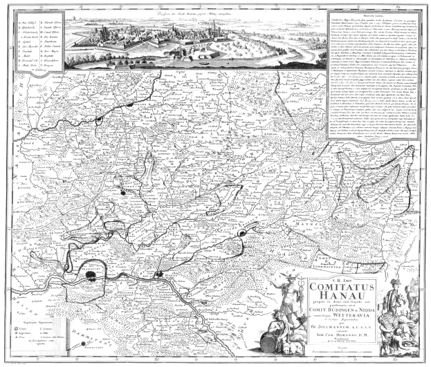 Schwarzes und weißes Plakat einer detaillierten Karte von Comitius Hanau, das Straßen, Gebäude und Menschen mit begleitendem Text zeigt.