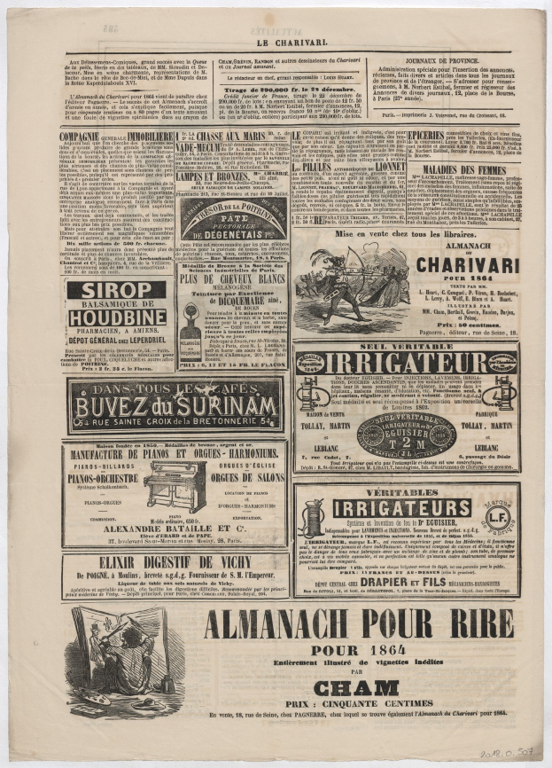 Alte Zeitung mit mehreren Anzeigen mit Text und Bildern.