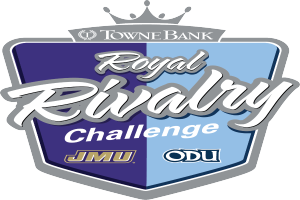 Ein Logo mit den Worten 'Towne Bank Royal Rivalry Challenge' in fetter, schwarzer Schrift auf einem weißen Hintergrund, das ein blaues und weißes Schachbrett-Kronen-Symbol mit einer blauen Schleife und einem weißen Rand zeigt, alles zentriert und von einem weißen Rand umgeben.