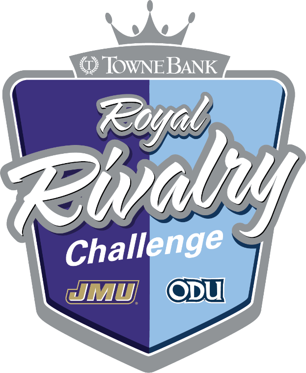 Ein Logo mit den Worten 'Towne Bank Royal Rivalry Challenge' in fetter, schwarzer Schrift auf einem weißen Hintergrund, das ein blaues und weißes Schachbrett-Kronen-Symbol mit einer blauen Schleife und einem weißen Rand zeigt, alles zentriert und von einem weißen Rand umgeben.