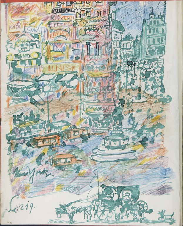 Ein Buchumschlag mit einer detaillierten Illustration einer belebten Stadtlandschaft mit Gebäuden, Fahrzeugen, Menschen und einem Brunnen sowie etwas Text.