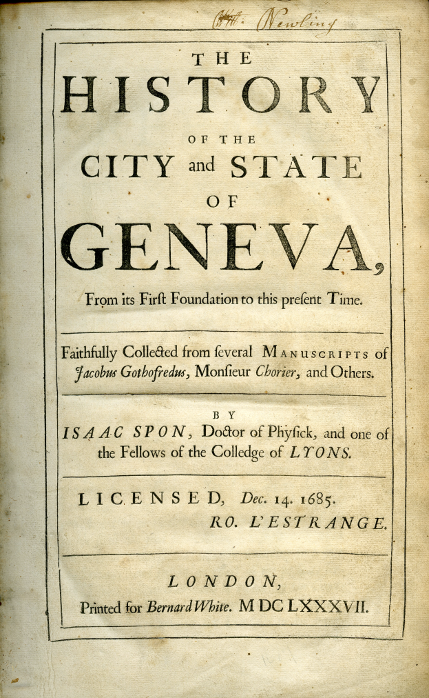 Ein altes Buch mit dem Titel "Die Geschichte der Stadt und des Kantons Genf" ist geöffnet und zeigt eine Seite mit schwarzer Schrift.