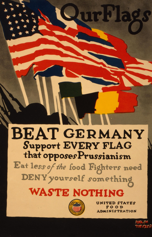 Plakat mit einer roten, weißen und blauen Flagge mit einem weißen Stern und schwarzer, fetter Schrift, die "Unsere Flaggen schlagen Deutschland - Unterstützt jede Flagge, die gegen Preußentum ist" lautet, und einem weißen Rand.