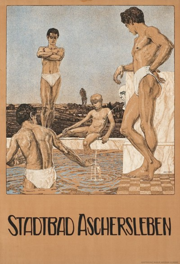 Ein Plakat, das ein Schwimmbad in Aschersleben, Deutschland, zeigt, auf dem Menschen im Wasser zu sehen sind und Text über die Annehmlichkeiten des Schwimmbads.