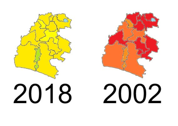 Karte von Deutschland, die provinzielle Grenzen von 2002 und 2018 in Gelb, Rot und Orange auf einem weißen Hintergrund mit Text hervorhebt.