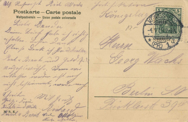 Eine alte deutsche Postkarte in sehr gutem Zustand, frankiert und innerhalb Deutschlands versendet, mit der Aufschrift 'Weitpostverein - Union Postale Universale'.