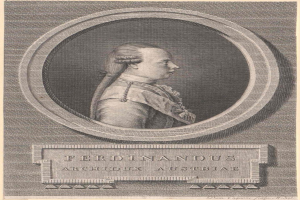 Gravur von Ferdinand, Erzherzog von Österreich, mit einem zentralen Porträt, das sein Gesicht, seitlichen Blick, leichtes Lächeln, zurückgekämmtes Haar und einen dunklen Mantel mit hohem Kragen zeigt, begleitet von Text unten.