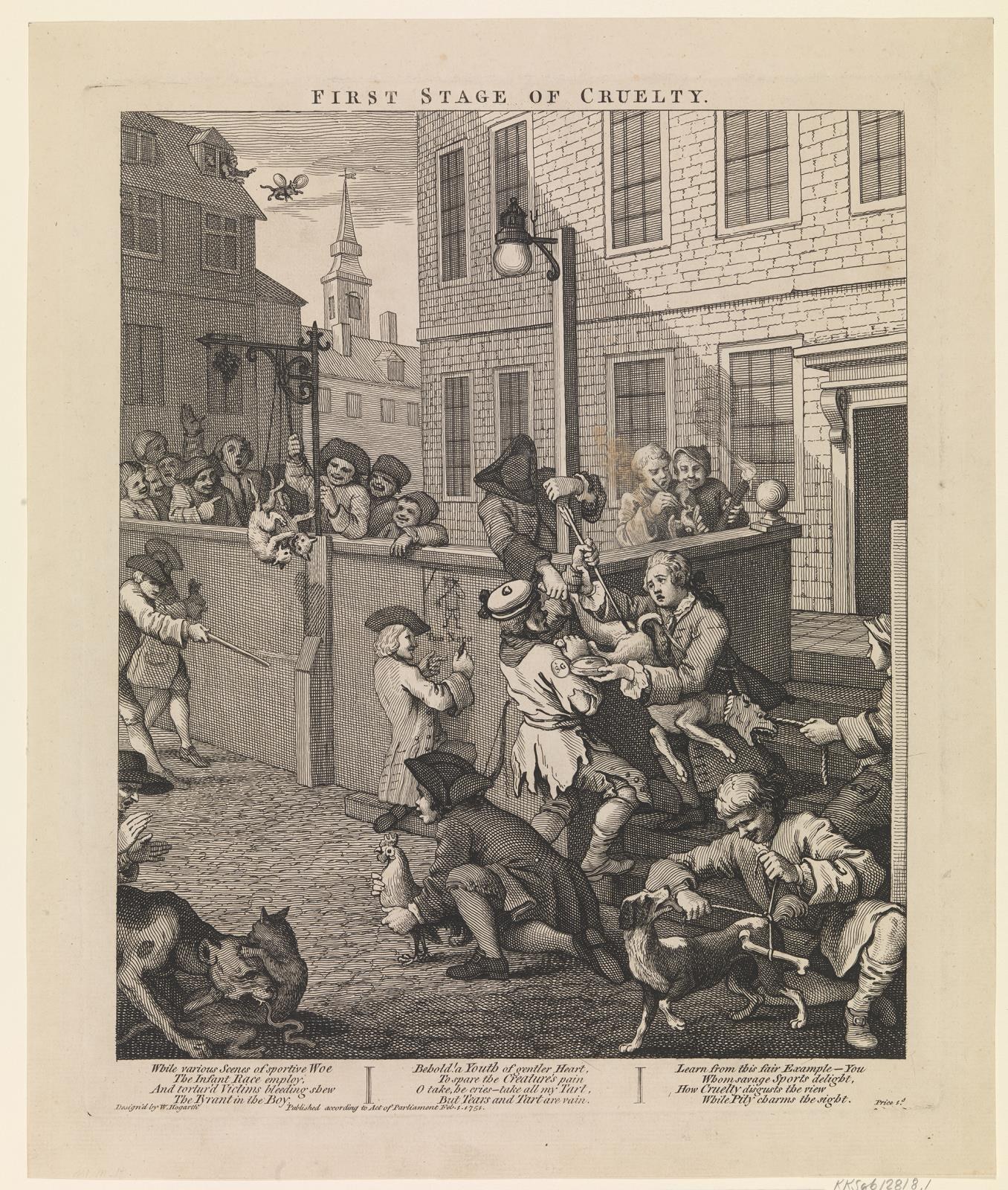 Eine Gruppe von Menschen und Tieren versammelt sich vor einem Gebäude mit Fenstern und einem Laternenpfahl, mit dem Text 'Erste Stufe der Grausamkeit' unten.