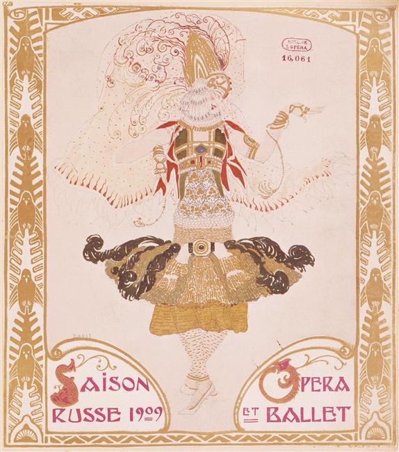 Plakat für eine 1909er Pariser Ballettvorstellung namens "Saison Russe" mit einer gemalten Tänzerin in einer anmutigen Pose und "Opera et Ballet" in fetter Schrift darüber.