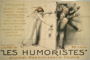 Ein Plakat an einer Gebäudewand mit einer Gruppe lachender, fröhlicher Menschen und der Text "Les Humoristes Journal Hebdomadaire Illustré" in fetter Schrift oben drauf.
